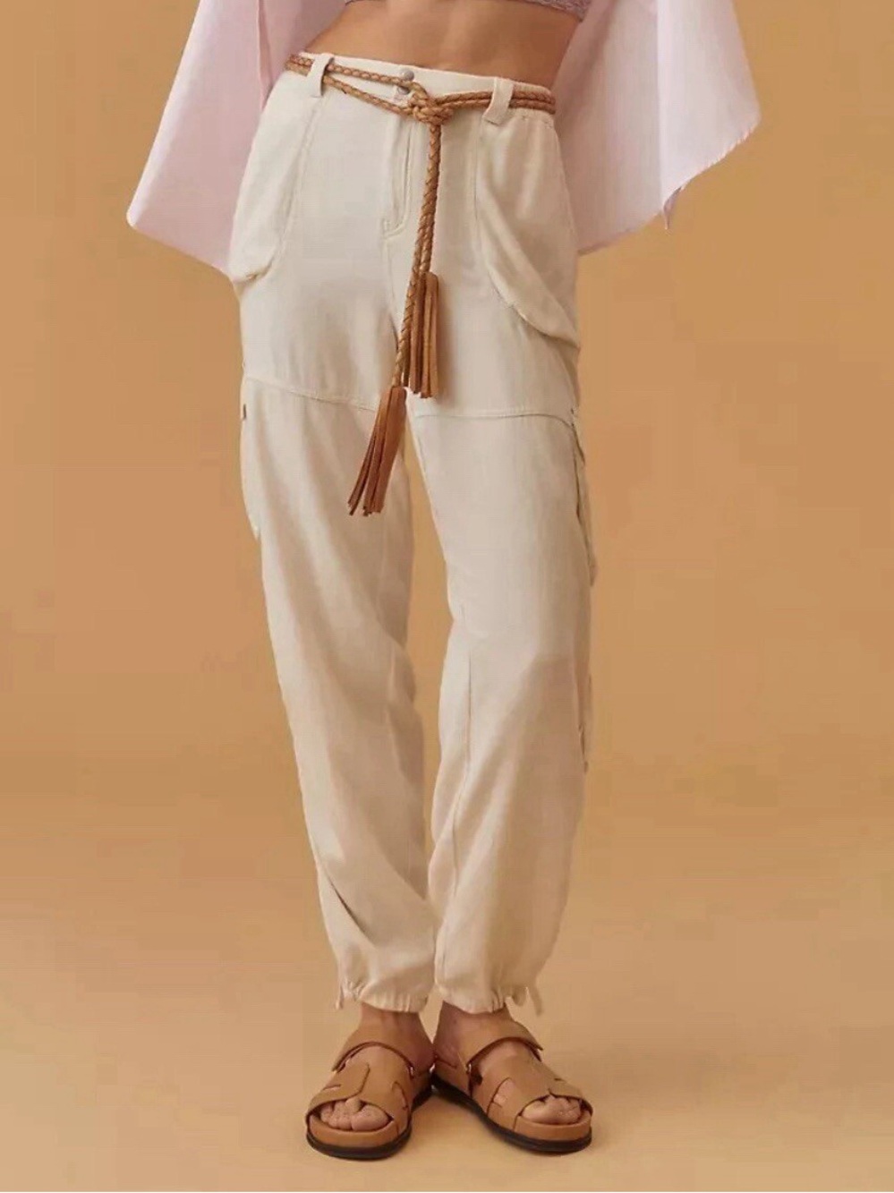 Anthropologie Cream Beige Linen Utility Jogger Cargo Pants